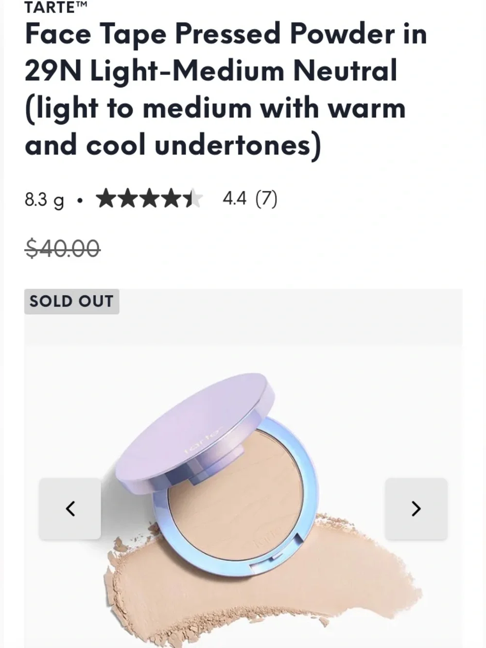 tarte Face Tape Pressed Powder in 20S Light Sand (light w/ warm, golden undert